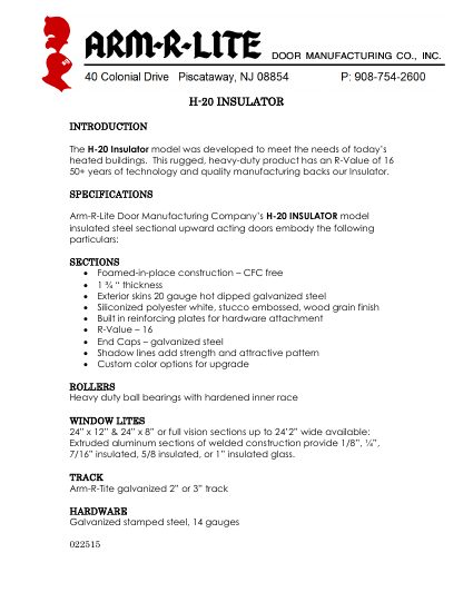 ArmRLite Overhead Doors — H-20 Insulator Brochure (catalog cover)