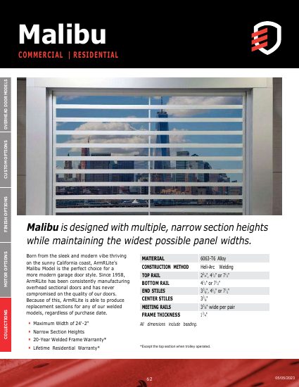 ArmRLite Overhead Doors — Malibu Garage Door Brochure (catalog cover)