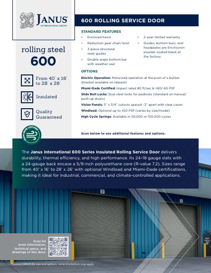 Janus International Group — 600 Series Insulated Rolling Service Door Sheet (catalog cover)