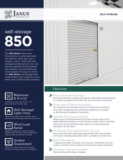 Janus International Group — 850 Series Self-Storage Door Sheet (catalog cover)