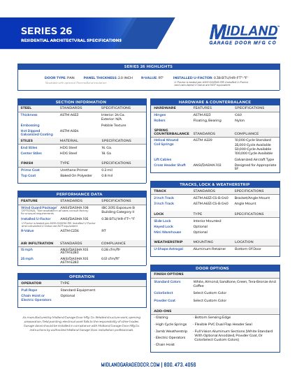 Midland Garage Door Mfg. Co. — Architectural Specifications - Series 26 (catalog cover)
