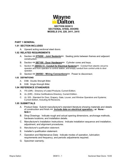 Wayne Dalton — Specifications — Commercial Sectional Doors Full Line (PDF) (catalog cover)