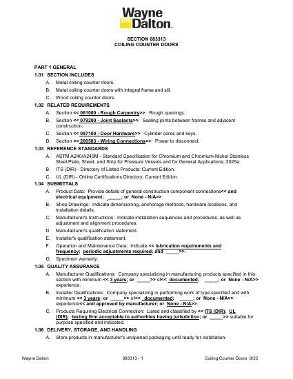 Wayne Dalton — Specifications — Rolling Counter Shutter Full Line (PDF) (catalog cover)